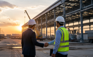 Two industrial professionals wearing safety helmets shaking hands at a modern factory construction site during sunset, symbolizing industrial partnership and business collaboration.